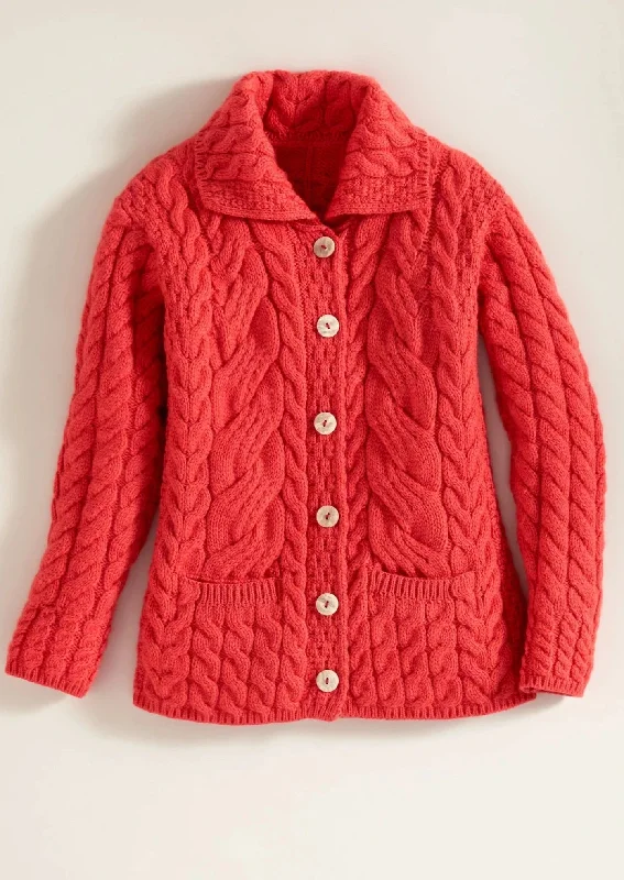 Belcarra Ladies Aran Cardigan | Coral