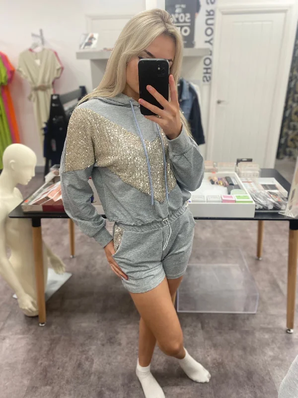 HALLIE GREY SEQUIN PATTERNED HODDIE TOP & SHORT CO-ORD