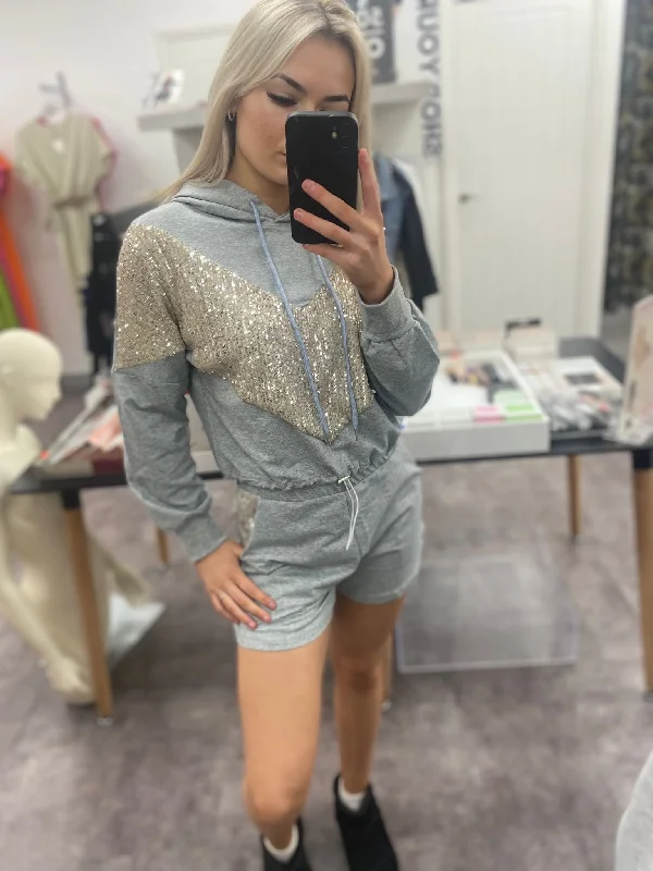 HALLIE GREY SEQUIN PATTERNED HODDIE TOP & SHORT CO-ORD