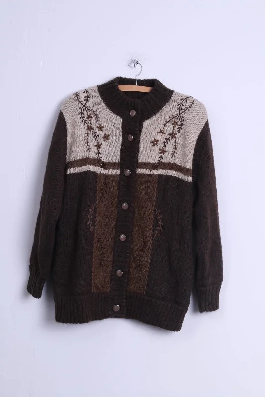 Affections Womens M/L Cardigan Jacket Brown Wool Blended Shoulder Pads Retro Sweater