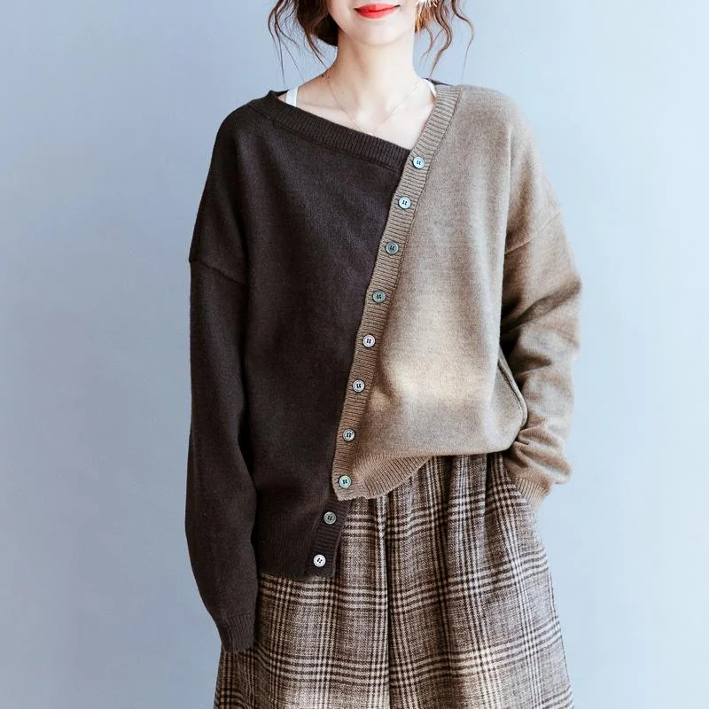 Diagonal Buttoned Soft Loose Knit Sweater