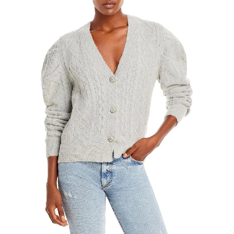 En Saison Womens Cable Knit Puff Sleeve Cardigan Sweater