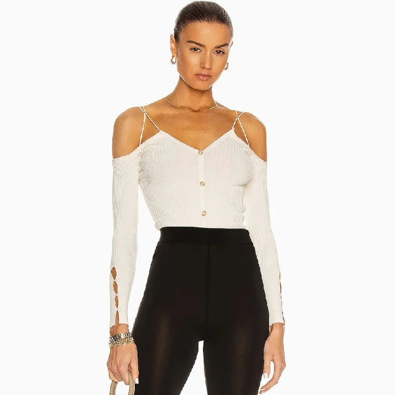 Long Sleeve V Neck Off Shoulder Rib Knit Crop Top - White