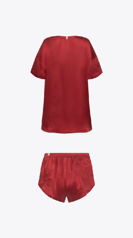 Washable Silk Tee Short Set - Crimson