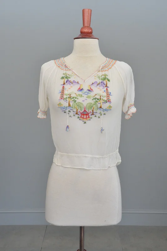 Off White Chiffon Pagoda Embroidered Peasant Top