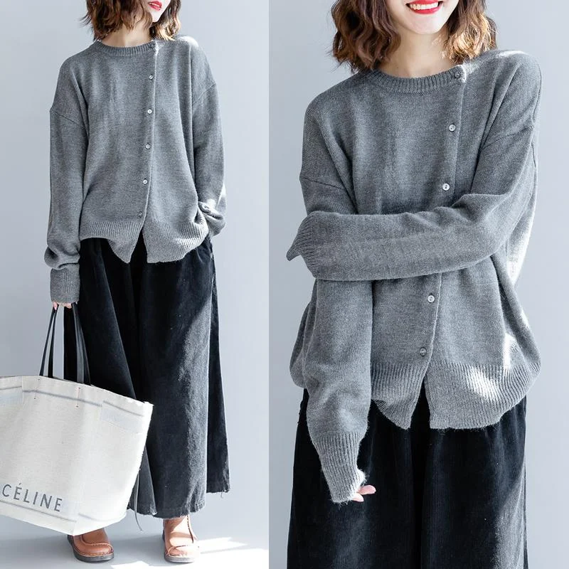 Slanted Buttons Round Neck Casual Loose Sweater