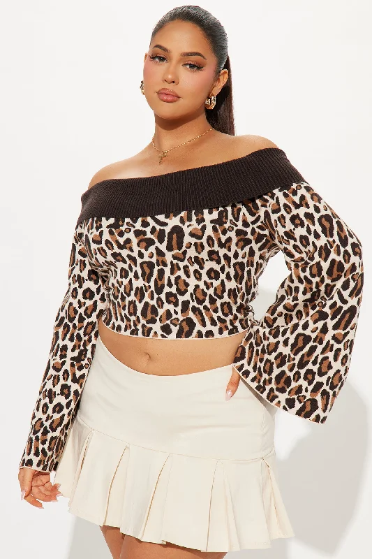 Wild Love Off Shoulder Leopard Sweater - Brown/combo