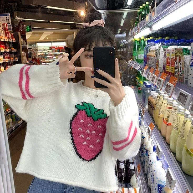 Women's Kawaii Big Strawberry Embroidered  Striped Hem Sweaters