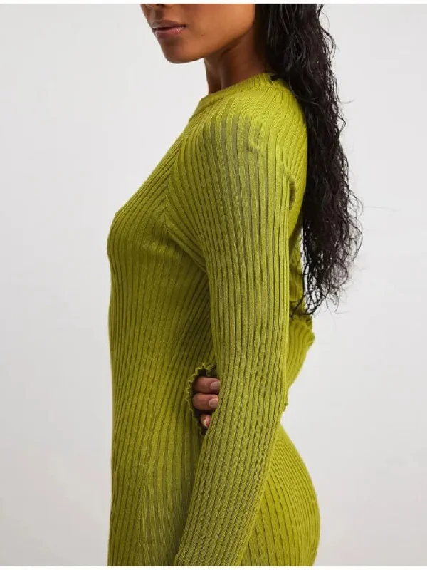 Znbbw Green Ribbed Knitted Dress For Women Fashion Long Sleeve Slim Sweater Dresses 2023 Autumn Winter Party Club Streetwear