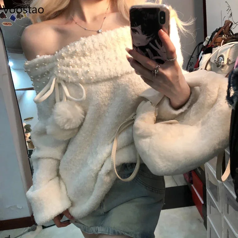 Znbbw Y2k Sexy Knitted Sweaters Women Off Shoulder Pearl Plush Ball Sweet Pullovers Famele Long Sleeves Casual Tops 2024 New