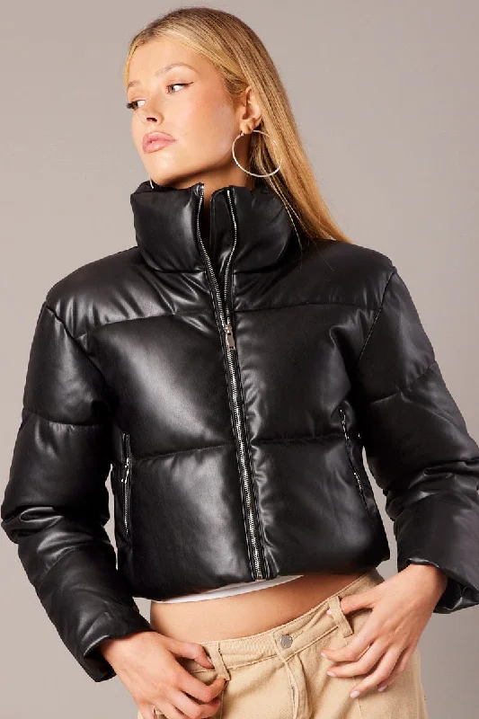 Black Jacket Zip Thru Long Sleeves Faux Leather