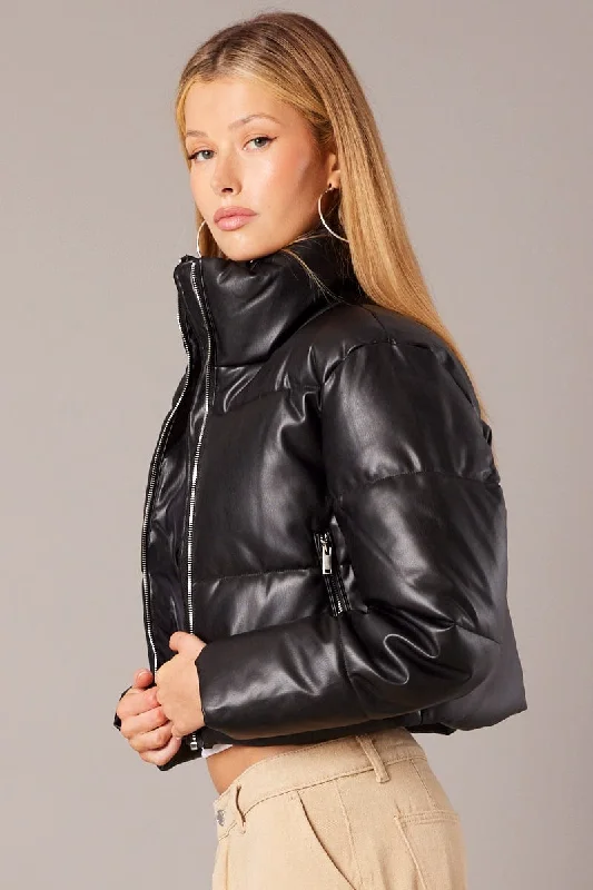 Black Jacket Zip Thru Long Sleeves Faux Leather