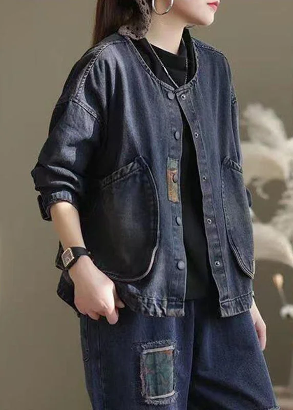 Classy Dark Blue O-Neck Pockets Patchwork Denim Coats Long Sleeve