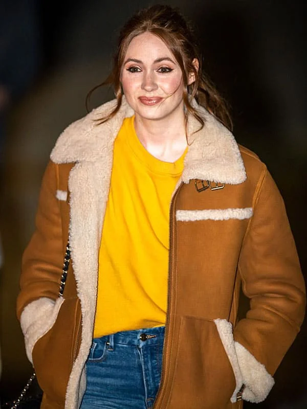 Elegant Karen Gillan Sheepskin Shearling Leather Jacket Coat