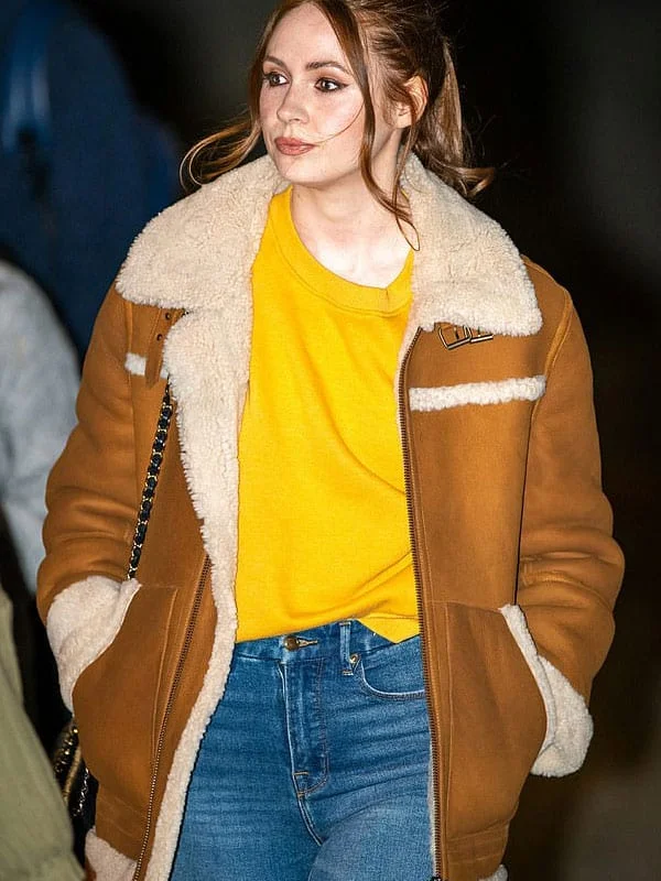 Elegant Karen Gillan Sheepskin Shearling Leather Jacket Coat