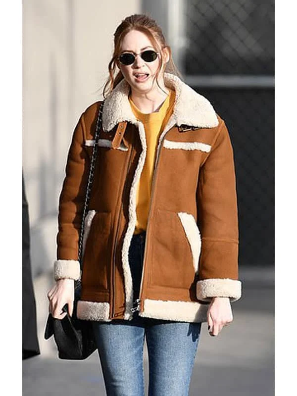 Elegant Karen Gillan Sheepskin Shearling Leather Jacket Coat