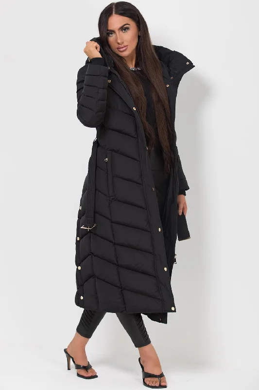 Long Puffer Down Coat With Belt Black