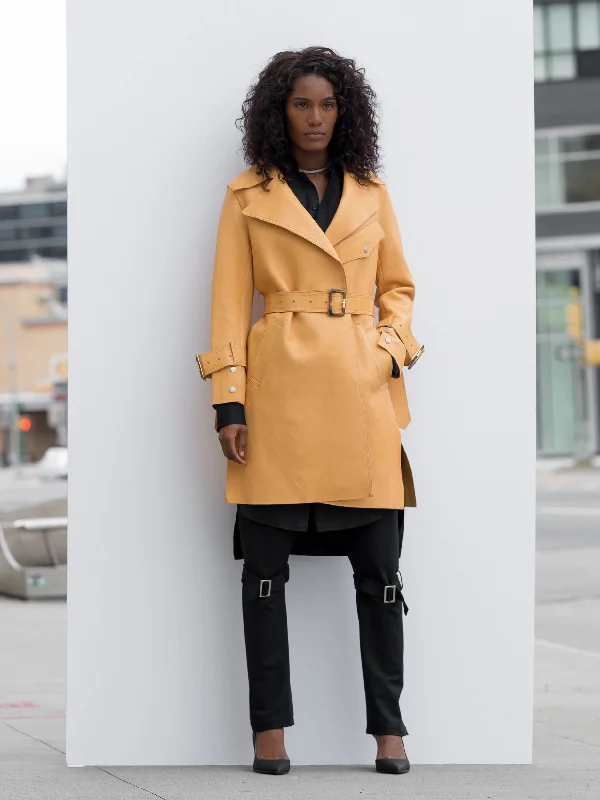 Matrix Yellow Leather Trench Coat With Pocket