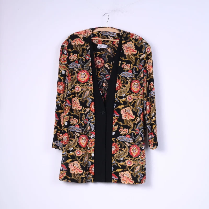 Modiamo Women 48/50 XXL Blazer Black Viscose Shoulder Pads Floral Top