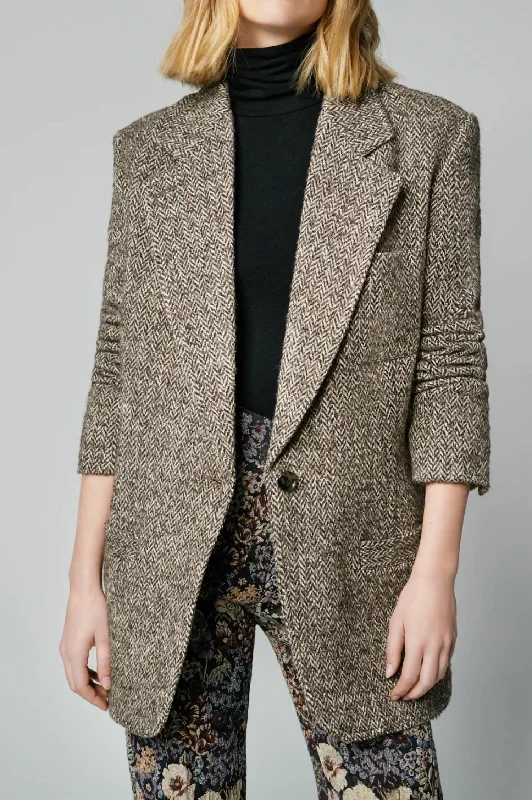 Oversized Notched Lapel Blazer In Mushroom Herringbone