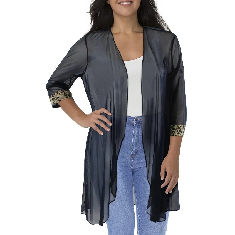 R&M Richards Womens Plus Mesh Contrast Trim Duster Blazer