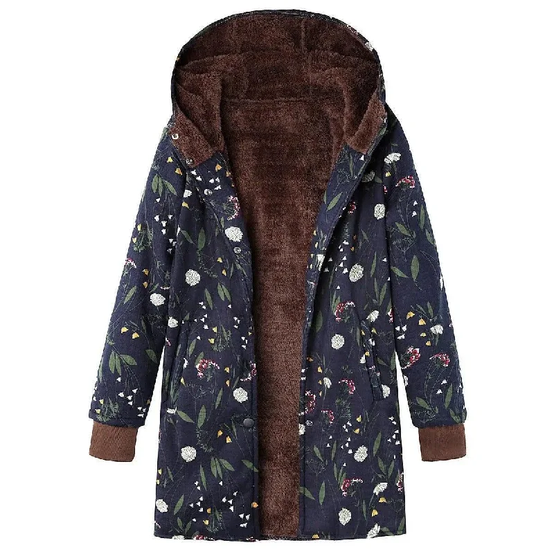 Retro flower print plus size hooded jacket top