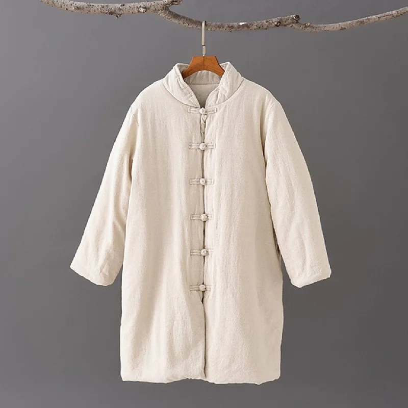 Stand Collar Cotton Linen Solid Coat