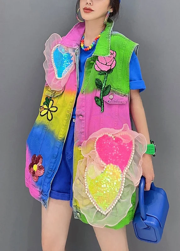 Unique Colorblock Peter Pan Collar Sequins Patchwork Denim Top Sleeveless