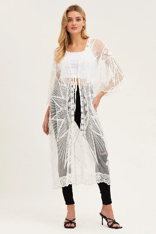 White Half Sleeve Tie Front Mesh Embroidered Kimono