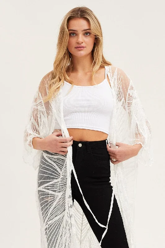 White Half Sleeve Tie Front Mesh Embroidered Kimono