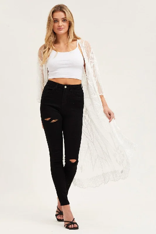 White Half Sleeve Tie Front Mesh Embroidered Kimono