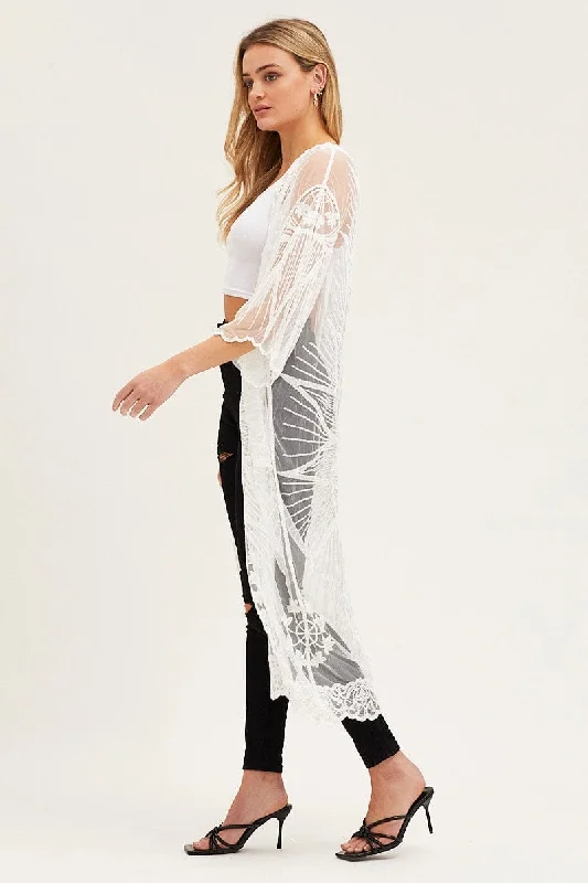 White Half Sleeve Tie Front Mesh Embroidered Kimono