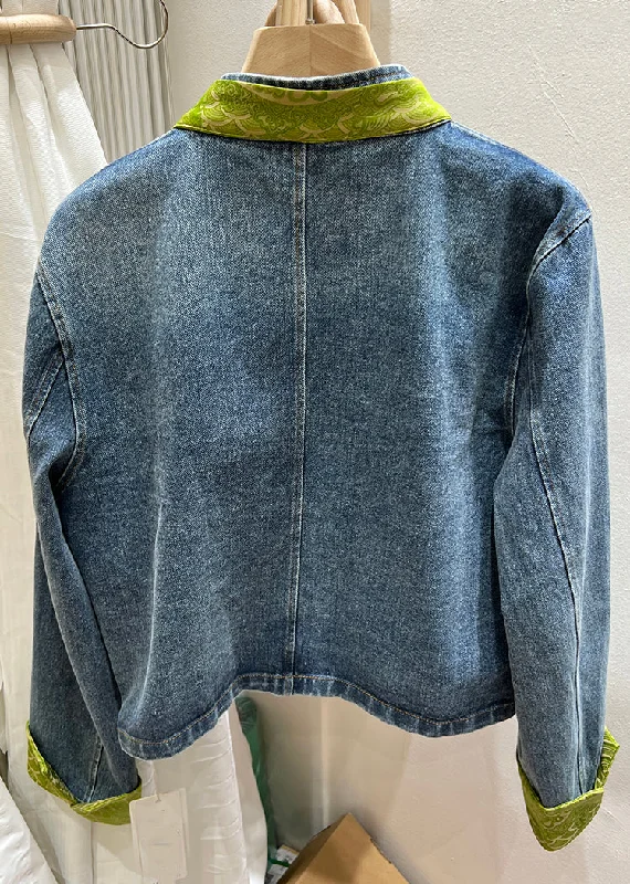 Women Green Stand Collar Chinese Button Denim Coat Spring