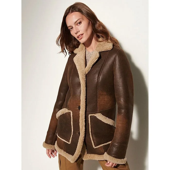 Women Waxed Brown B3 Bomber Shearling Coat