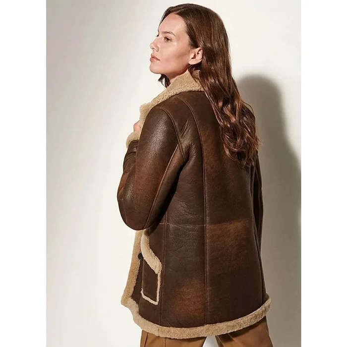 Women Waxed Brown B3 Bomber Shearling Coat