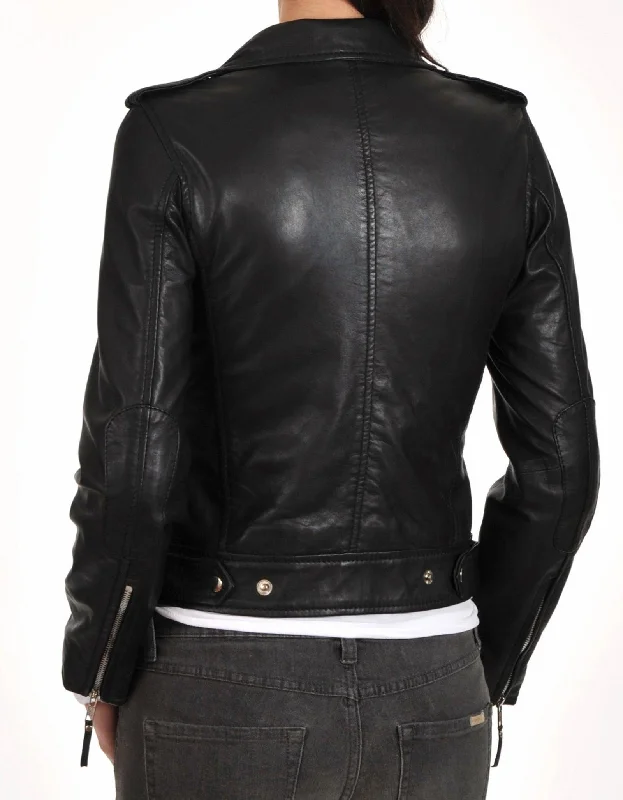 Women's Genuine Leather Motorcycle Jacket Black WJ004