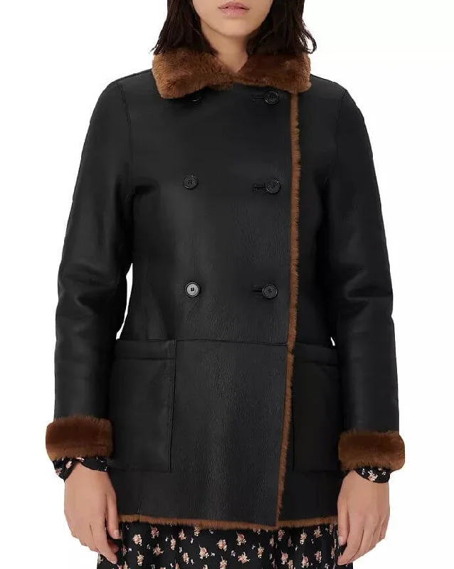 Womens Real Fur Collar Sheep Shearling Coat