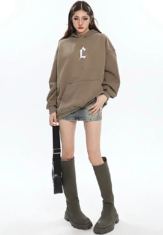 L Letter Print Solid Color Long Sleeve Hoodie