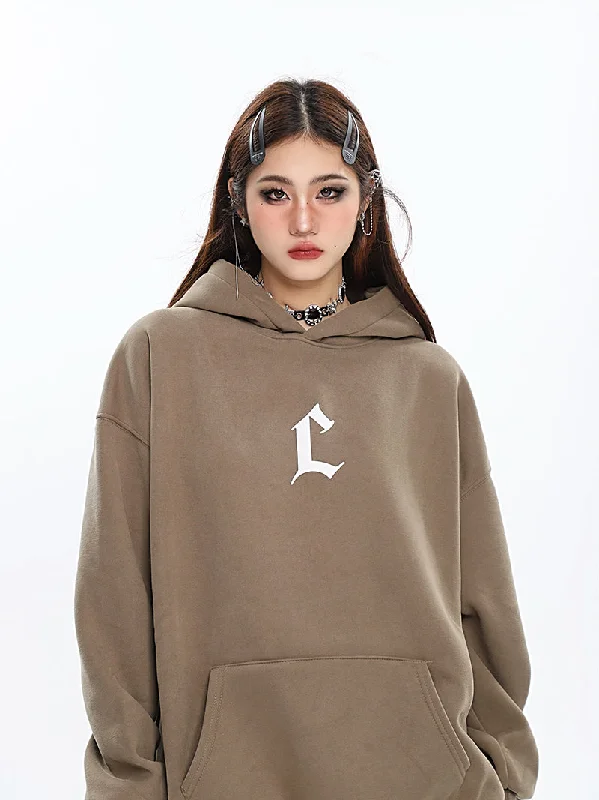 L Letter Print Solid Color Long Sleeve Hoodie