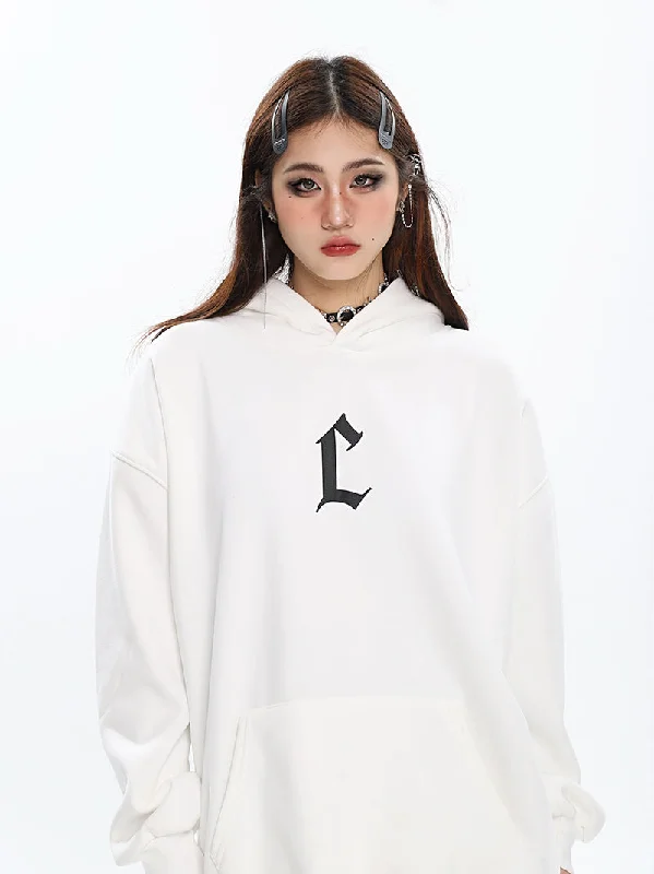 L Letter Print Solid Color Long Sleeve Hoodie