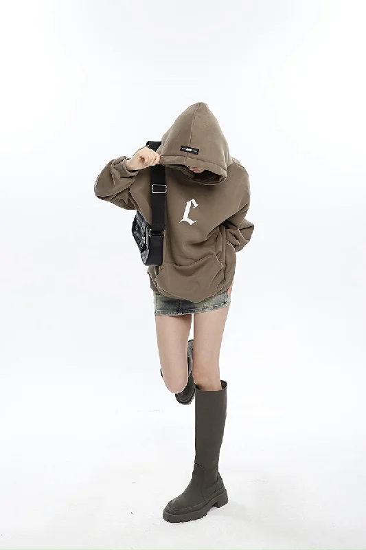 L Letter Print Solid Color Long Sleeve Hoodie