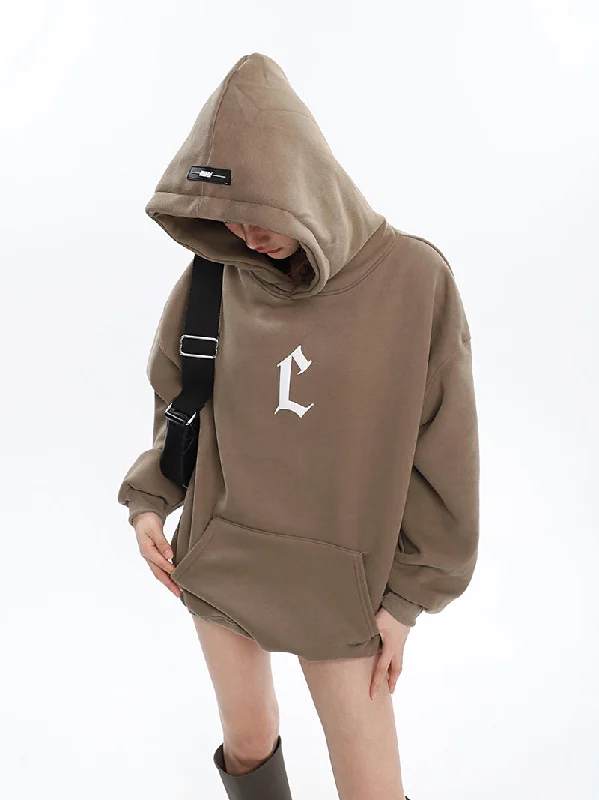 L Letter Print Solid Color Long Sleeve Hoodie