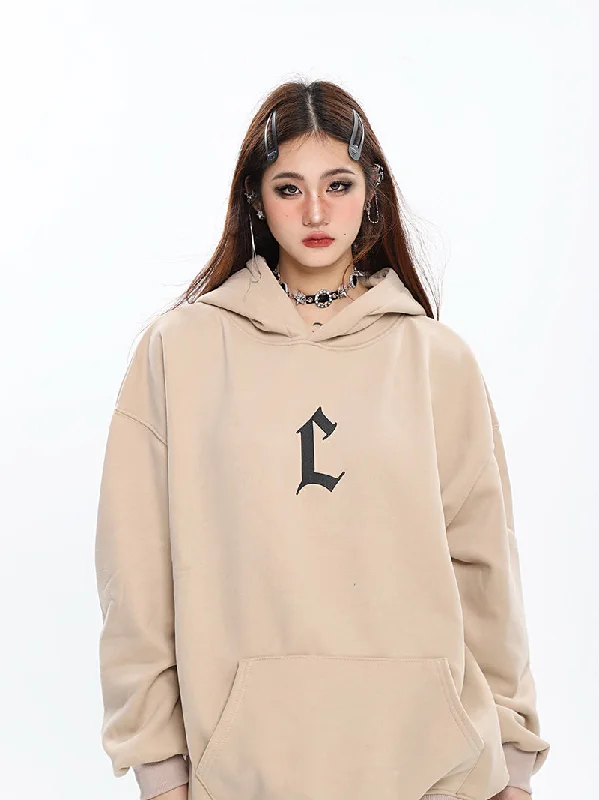 L Letter Print Solid Color Long Sleeve Hoodie