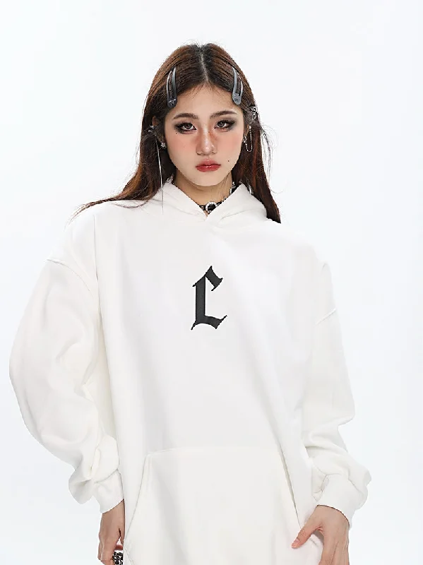 L Letter Print Solid Color Long Sleeve Hoodie