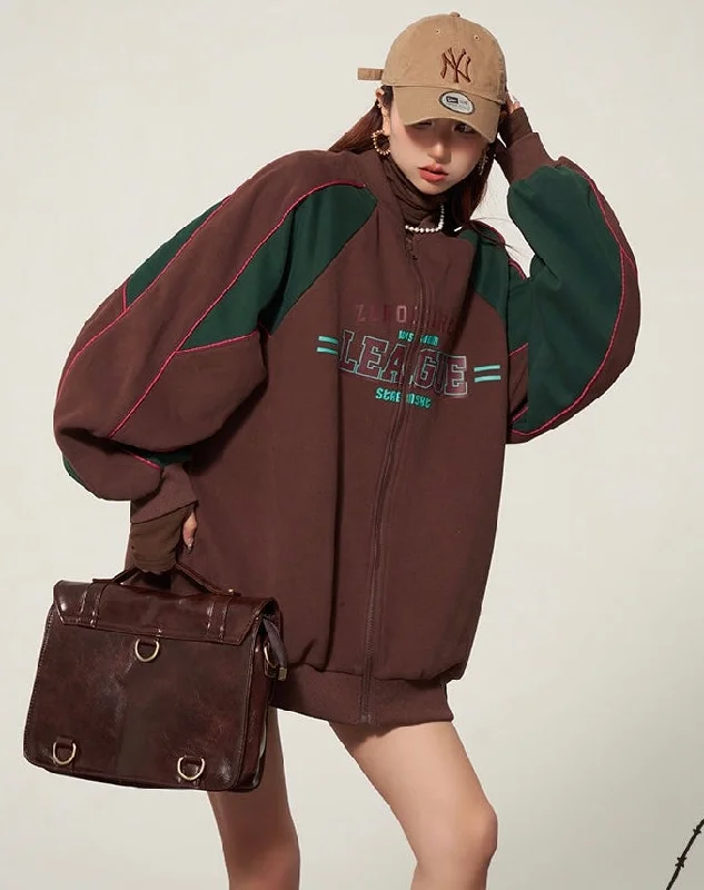 LEAGUE Letter Embroidery Long Sleeve Zip Up Sweatshirt