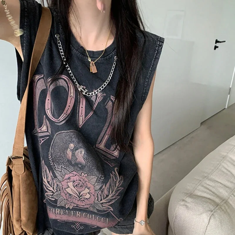 Lunivop Dark Gothic Punk American Distressed Washed Distressed Tank Top T-shirt Women's Summer Loose Sleeveless Print Top Y2K Streetwear