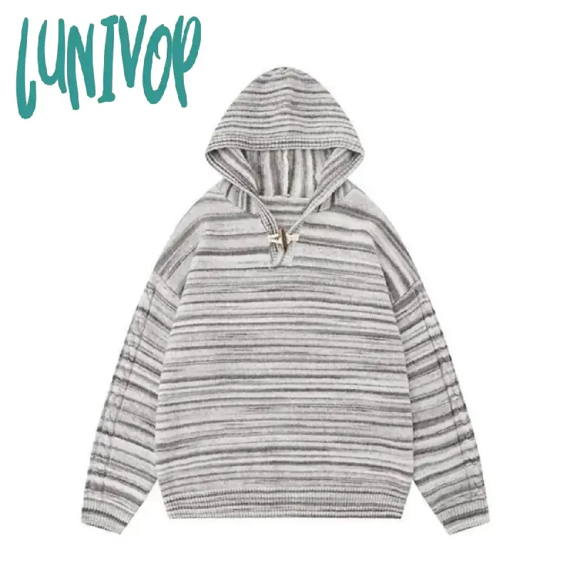 Lunivop Harajuku Fashion Striped Hooded Sweater Women American Retro Knitted Pullover Vintage Streetwear Jumper Long Sleeve Top