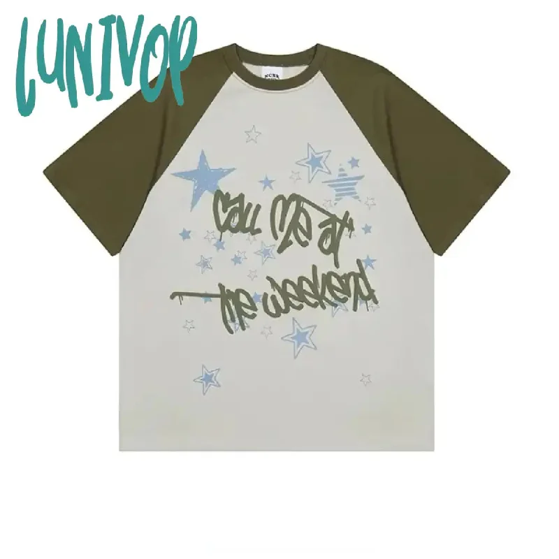 Lunivop Star Graphics Print T Shirts Women Y2k Grunge Patchwork Oversized Tops Streetwear Aesthetic Short Sleeve Tees Summer