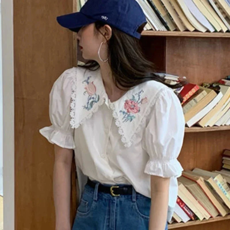 Lunivop Vintage Sweet Shirts Women Embroidery Floral Print Blouses Summer Korean Preppy Student Puff Short Sleeve Casual Tops New