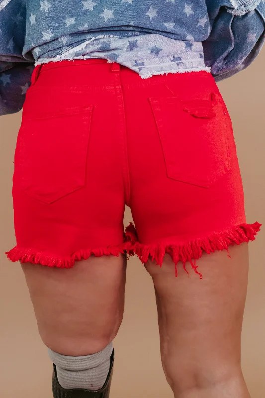 Red High Rise Distressed Shorts, RISEN